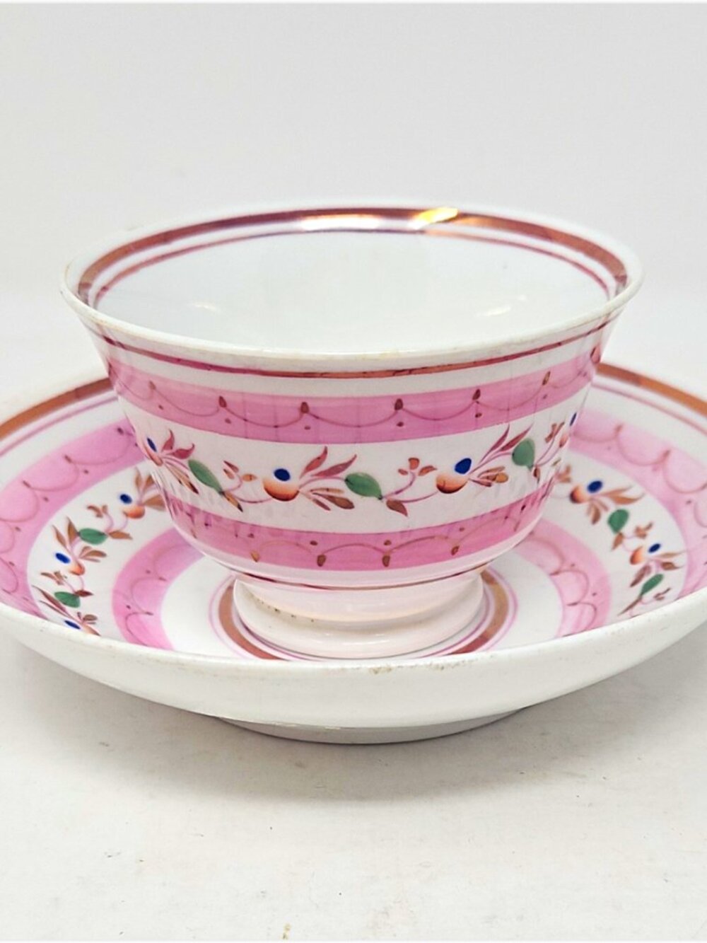 Fine Antique 1820s English Regency Pink Luster Handleless Tea Cup & Saucer Bowl